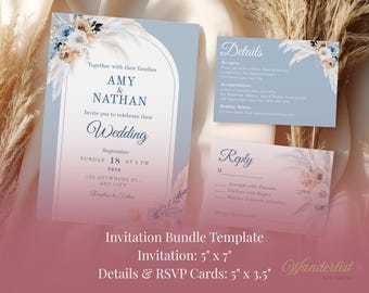 Paquete de invitaciones de boda bohemias en azul polvoriento y beige / Arco floral de hierba de la pampa / Plantilla editable de Canva / Tarjetas de invitación, RSVP y detalles