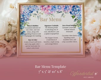 Plantilla de menú de bar con hortensias románticas • Letrero de boda floral azul • Letrero de bar editable en Canva • Bebidas exclusivas imprimibles • Descarga instantánea