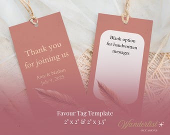 Etiquetas de recuerdo con plumas de terracota / Plantilla editable e imprimible / Etiqueta de recuerdo de boda bohemia / Etiqueta con plumas color naranja quemado / 2 tamaños