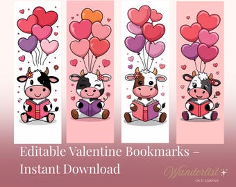 Marcapáginas editables de San Valentín con temática de vacas para niños / San Valentín imprimible para el aula / San Valentín sin dulces / Descarga instantánea