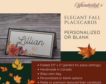 Tarjeta de lugar de otoño con borde verde y diseño floral / Tarjeta de nombre para bodas, Acción de Gracias y cenas de otoño / Decoración de mesa personalizada o en blanco