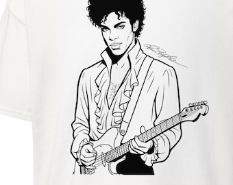 Prince Line Art T-Shirt – The Purple One, Ruffled Shirt & Guitar