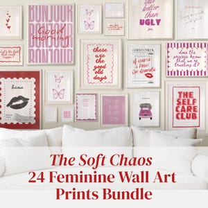 Digital wall art bundle for girls and women - 24 feminine prints - aesthetic room decor - dorm room poster - soft girl vibes - red pink