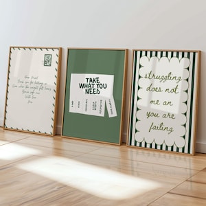 May include: Three framed art prints with inspirational quotes. The prints have wooden frames and feature text in various fonts and colors. One print says "Dear Friend" and another says "Take What You Need."