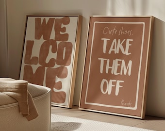 Welcome entryway sign Set | Funny shoes off door print | Modern neutral entry decor| Digital download