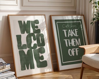 Welcome entryway sign set | Shoes off door print | Green wall art | Digital download