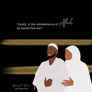 Faceless muslim couple portrait minimalist and personnalized illustration omra mubarak unique gift for  her wedding present digital art