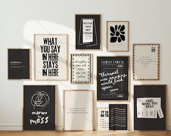 12 Mental Health wall art prints, black and white Therapy Poster bundle, therapist office decor, counseling printable set, healing words