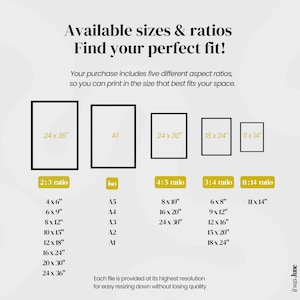 May include: A graphic with text detailing available print sizes and aspect ratios. The image shows various rectangular frames with dimensions like 24 x 36 inches, A1, and 24 x 30 inches, along with corresponding sizes in inches.