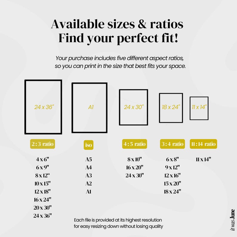 May include: A graphic with text detailing available print sizes and aspect ratios. The image shows various rectangular frames with dimensions like 24 x 36 inches, A1, and 24 x 30 inches, along with corresponding sizes in inches.
