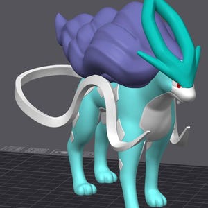 Könnte beinhalten: Ein 3D-Modell einer vierbeinigen Kreatur mit hellblauem Körper, weißen Akzenten und einer lila Mähne. Es hat einen weißen, gebogenen Schwanz und türkis farbene Hörner. Die Kreatur hat rote Augen und ist auf einem Raster dargestellt.