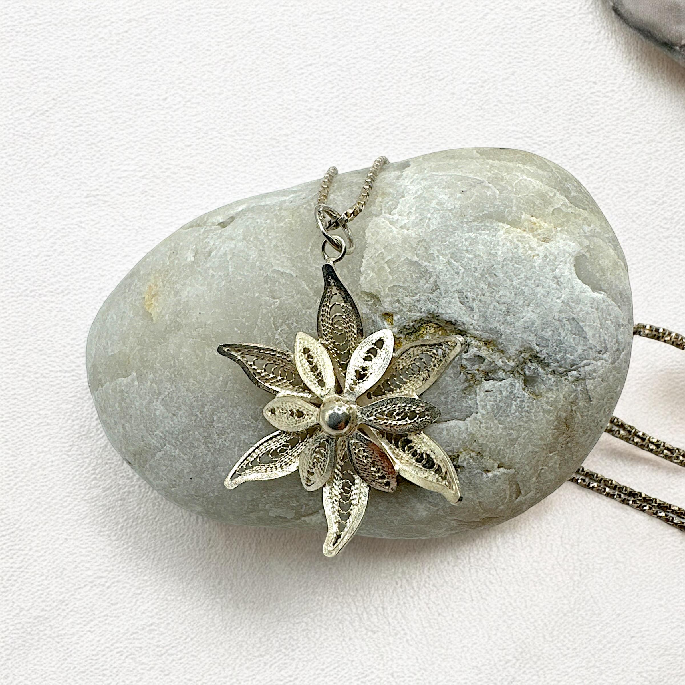 Vintage 1960s Sterling Silver Filigree Floral Pendant Necklace ...