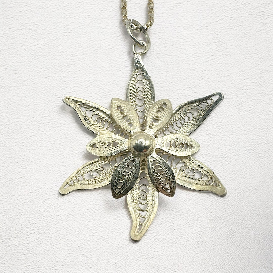 Vintage 1960s Sterling Silver Filigree Floral Pendant Necklace ...