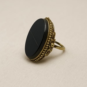 Antique Victorian Mourning Ring • 1880s Onyx Statement Ring in Brass Pinchbeck Floral Setting • Large Oval Black Stone • Statement Jewelry