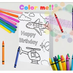 Glückwunschkarte zum ausdrucken, Happy Birthday Flugzeug, Hubschrauber zum Ausmalen. Luftfahrt Ausmalkarte zum Geburtstag für Kinder. Drucken, Farbe, personalisieren, DIY-Karte.