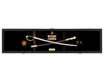 Black Frame Sword Display Case with an LED light