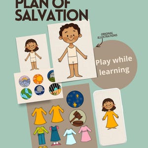 May include: An illustrated educational game titled "Plan of Salvation" by Daniela Trejo. The image features illustrated figures, clothing, and celestial bodies. The text "Play while learning" is also present.