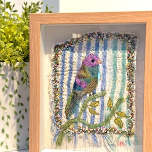 Framed Bird Embroidery Art: Beaded Textile, Hand-Stitched