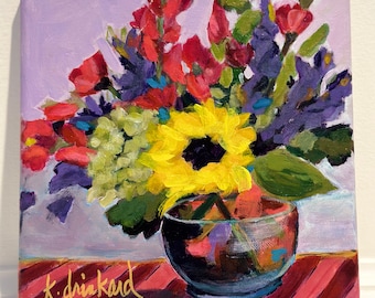 Original Sunflower Painting: Floral Still Life, 8x8 Canvas