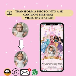 Convite em vídeo de aniversário de princesa real com desenho animado | Vídeo animado em 3D com a foto da sua filha | Convite digital mágico para meninas