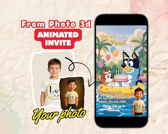 Personalized Editable Cute Blue Puppy Video Birthday Invite | Digital Summer Pool Party Template for Kids