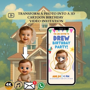 Personalisierte Cartoon Animierte Geburtstagseinladung | Für Kinder | 3D Cartoon animierte Video Einladung mit Foto vorbereitet | Digitale Einladung