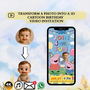 Invitación de cumpleaños personalizada de cerdito rosa / Video o invitación digital personalizada con foto infantil / Plantilla animada para fiesta infantil