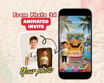 Yellow Sea Sponge Pool Party Invitation | Kids Editable Birthday Video Invite | Cartoon Ocean Theme Digital Template