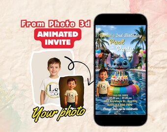 Personalized Video Pool Invitation | Editable Blue Cartoon Alien Birthday Invite | 3D Animated Summer Party Template for Boys