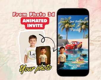 Personalized Race Car Video Invitation for Boys | Animated Pool Party Birthday Invite | Custom Cartoon Car MP4 Editable Digital Download