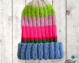 Hand Knit Beanie or Slouchy, Hand Knit Hat, Striped Hat, Gift for Her