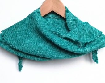 Hand knitted teal green wool scarf.  Cashmere and merino wool blend, hand dyed and hand knitted shawlette scarf with cabling and picot.