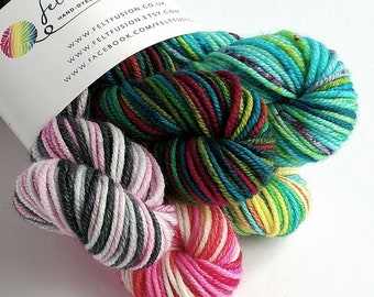 Hand dyed yarn mini skeins. 5 x 20g DK mini skein set. Variegated superwash merino double knit crazy 8 DK. Pinks, blues, indie dyed yarn set