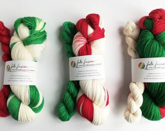 Self-striping sock yarn, hand dyed Christmas yarn, dyed to order, 75/25% superwash wool/nylon sock/fingering/4-ply,  red green white wool