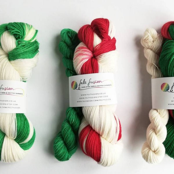 Self-striping Sockenwolle, handgefärbtes Weihnachtsgarn, auf Bestellung gefärbt, 75/25% superwash Wolle/Nylon Socke/fingering/4-fädig, rot grün weiße Wolle