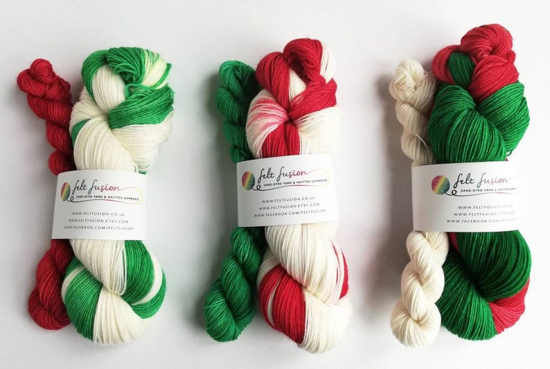 Self-striping sock yarn, hand dyed Christmas yarn, dyed to order, 75/25% superwash wool/nylon sock/fingering/4-ply, red green white wool image 1