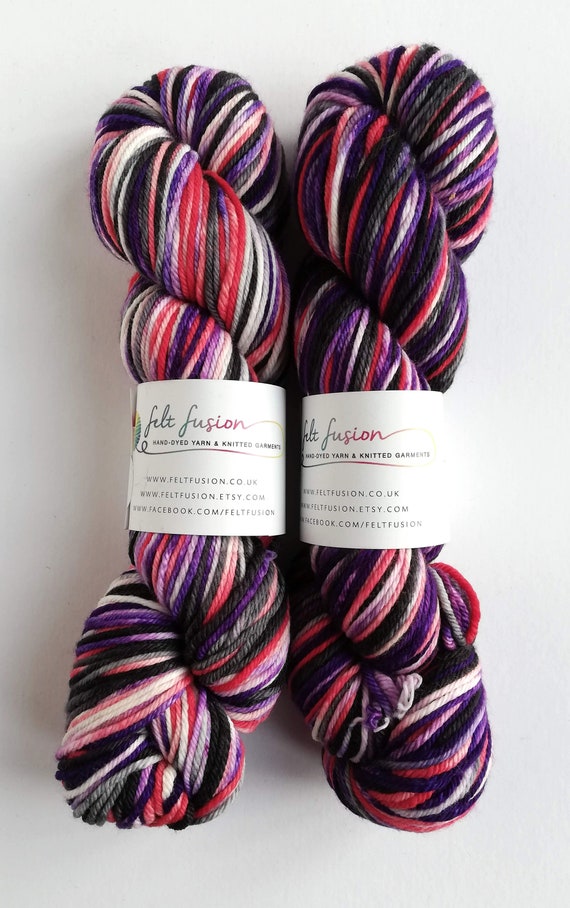 Hand Dyed Worsted Weight Wool Yarn The Knight Bus Worsted Superwash Merino Wool Variegated Red Purple Black And White Indie Dyed Yarn