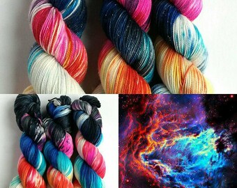 Hand dyed yarn pre-order.  Nebula colourway, variegated wool yarn, dyed to order, you choose base, space yarn, black red yellow pink blue