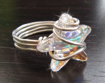 Ring Starfish Swarovski Crystal and Metal Swirl