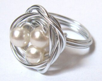 Nest Ring  Robin's Nest  Silver and Pearls, gift for mother, newborn, family