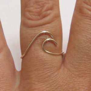 May include: A silver wave ring, a simple and delicate piece of jewelry, worn on a finger.