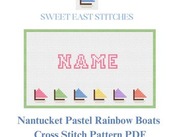 Nantucket Pink & Green Pastel Rainbow Boat Name Sign Cross Stitch Pattern - Digital Download PDF