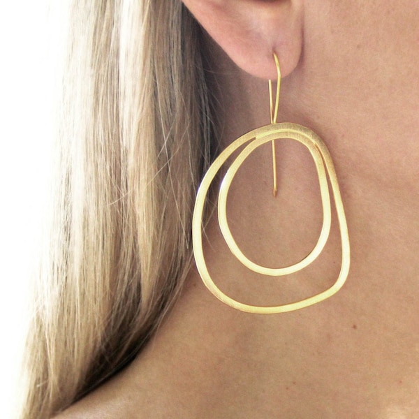 Gold Double Hoop Earrings, Gift, 24K Gold plated sterling silver Peacock hoops, Statement Earrings, Organic Shapes, Summer Hoops, Gift
