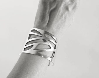 Statement cuff, gift, Wide Sterling Silver Cuff with A Geometric CutOut Pattern, Gift, Modern Silver Cuff, Asymmetric Cuff, Lotus Cuff