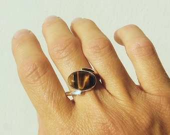 Sterling Silver Tiger's Eye Ring: Oval Cabochon Statement Ring