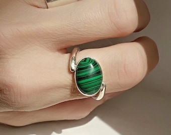 Oval Malachite Cabochon Sterling Silver ring, Statement Ring, Gift, Green Semi Precious Stone Ring, Solid Silver Ring, Dark Green Stone