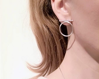 Sterling Silver Line & Hoop Earrings, Minimalist Hoops, Gift, Silver Circle Stud Earrings, Small Silver Hoops, Geometric Earrings, Women