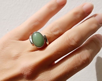 Bague ovale Aventurine Cabochon Sterling Silver, Bague de déclaration, Cadeau, Bague en pierre semi-précieuse verte, Bague en argent massif, Pierre vert clair