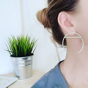 Silver Statement Earrings, Large Open Oval Sterling Silver Hoops, Geometric Hoops, Gift For Her, Minimalist Silver Oval & Line Hoops