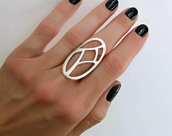 Statement ring, Sterling Silver Oval Ring with a Geometric Cutout design, Gift for her, Silver Elliptical Ring, Unique Ring, Women